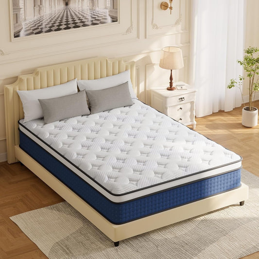 Kizreo 14 inch Full Size Mattress in a Box, Medium Firmness, Upgrade Individually Pocket Springs, Motion Isolation, Pressure Relief, Breathable Comfort and Durable,Blue